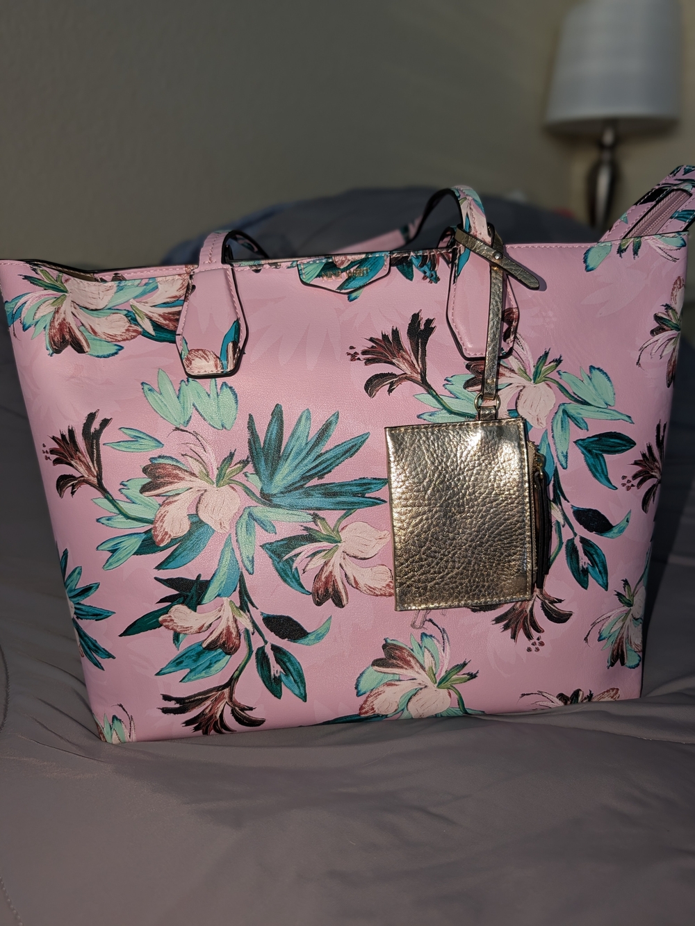 Nine West Pink Floral Over the Shoulder Purse with Silver Zip Pouch